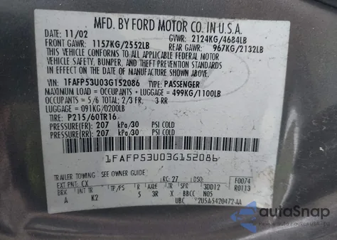 2003 Ford Taurus Se from USA, damaged, VIN 1FAFP53U03G152086